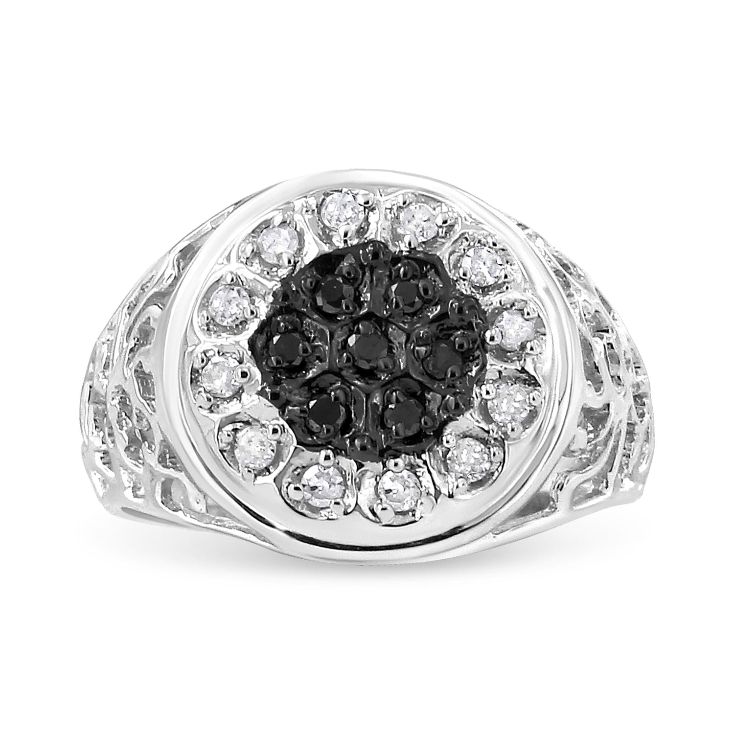 .925 Sterling Silver 1/4 Cttw White and Black Treated Diamond Halo Cluster Ring for Men (I-J Color, I3 Clarity) - Size 10 