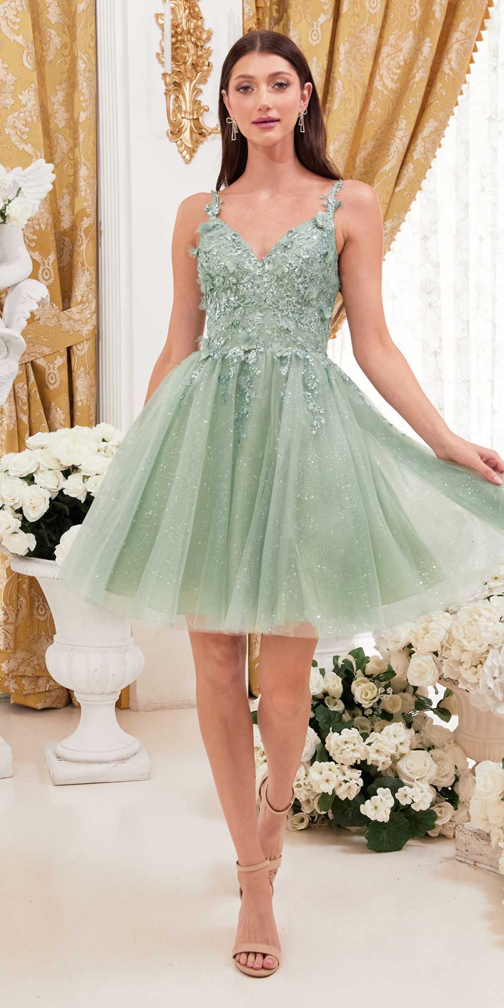 Ladivine 9245 Short A-Line Homecoming Dress with Floral Details by DiscountDressShop