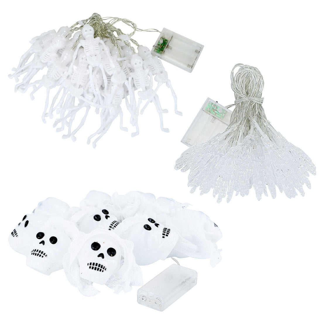 3Pcs Halloween Light Decorations Total 50 LEDs 24ft Halloween String Lights Colorful 3D Skeleton Ghost String Lights Gauze Skull String Lights Spooky 