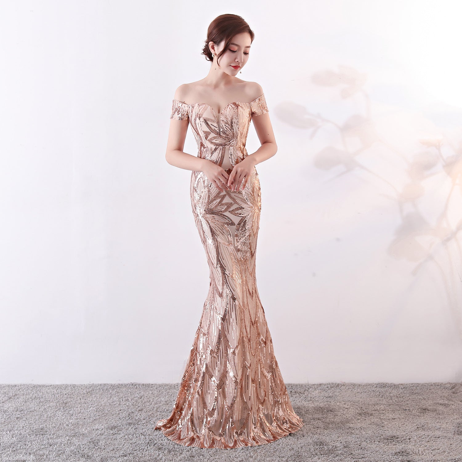 Off the Shoulder Gown Long Fish Tail Sequined Evening Dress Slim Fit Slimming Dress by Ragazza