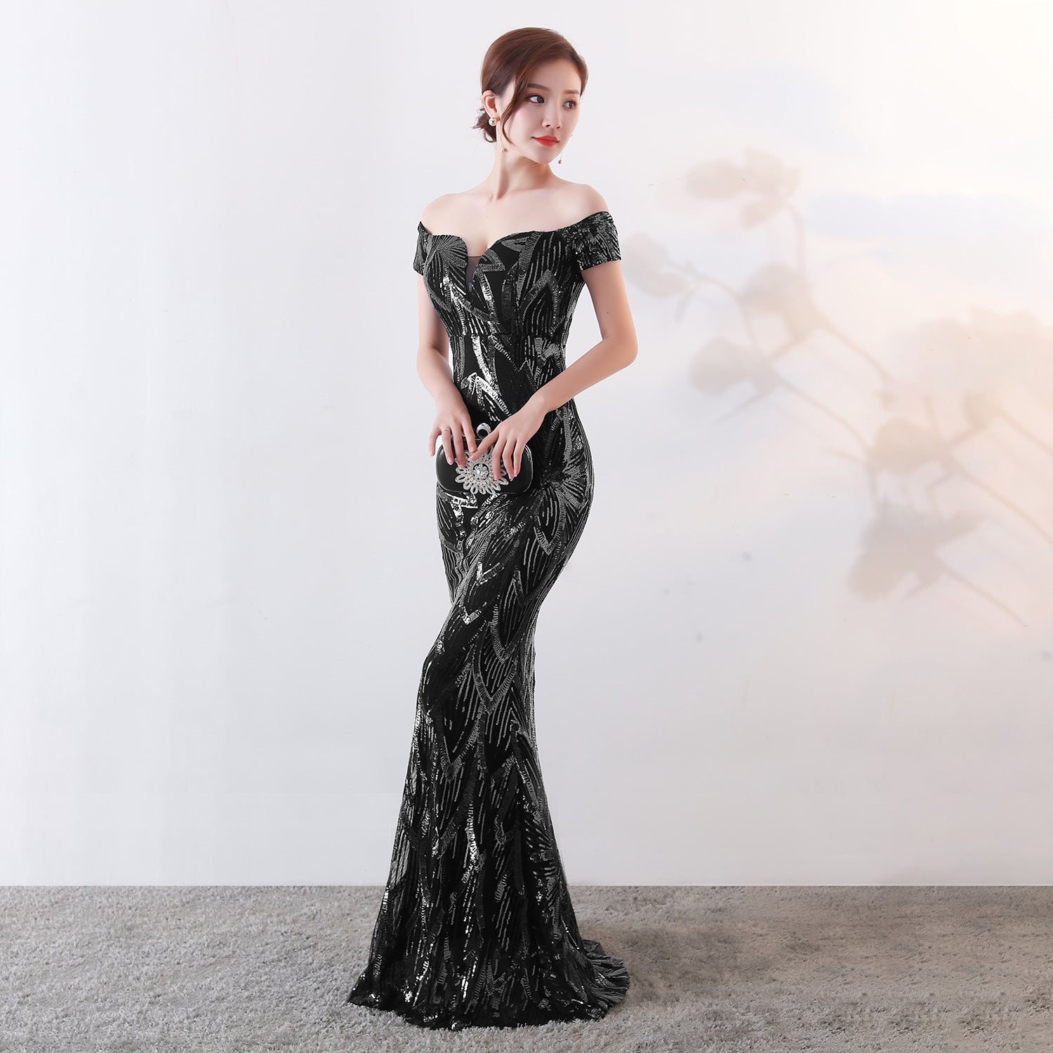 Off the Shoulder Gown Long Fish Tail Sequined Evening Dress Slim Fit Slimming Dress by Ragazza