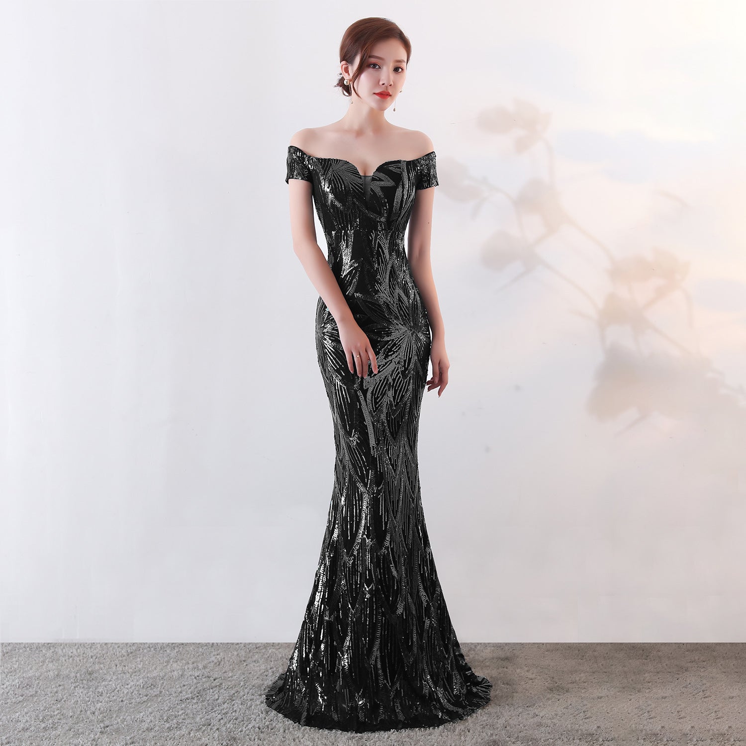 Off the Shoulder Gown Long Fish Tail Sequined Evening Dress Slim Fit Slimming Dress by Ragazza
