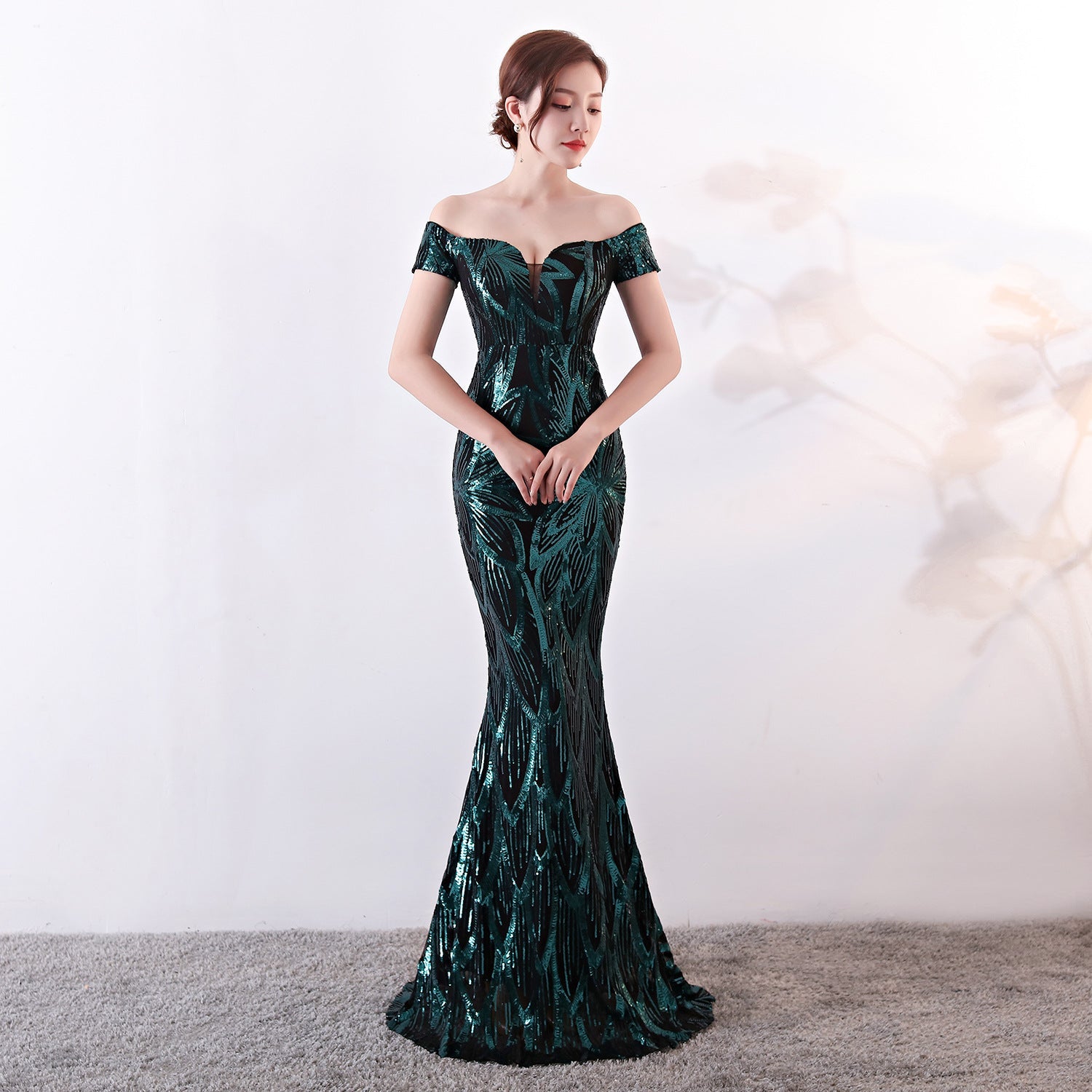 Off the Shoulder Gown Long Fish Tail Sequined Evening Dress Slim Fit Slimming Dress by Ragazza