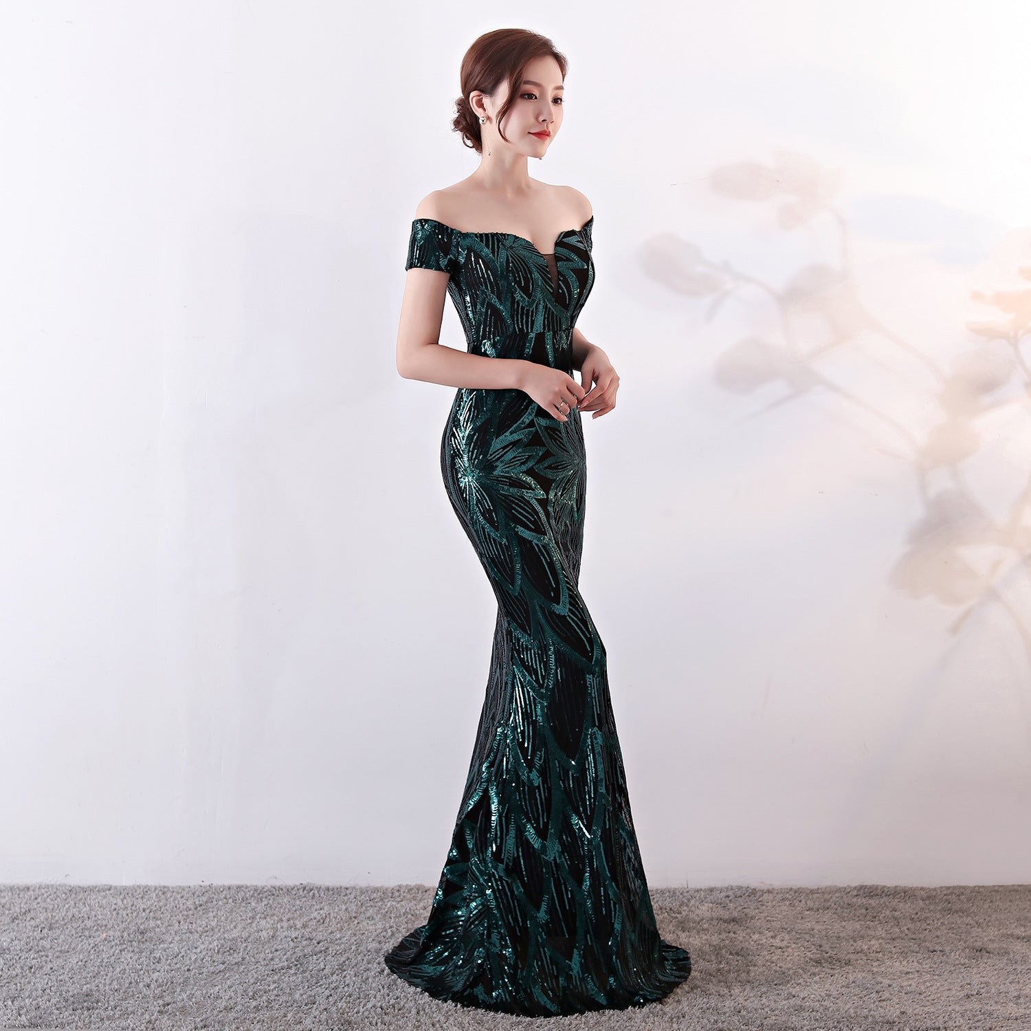 Off the Shoulder Gown Long Fish Tail Sequined Evening Dress Slim Fit Slimming Dress by Ragazza