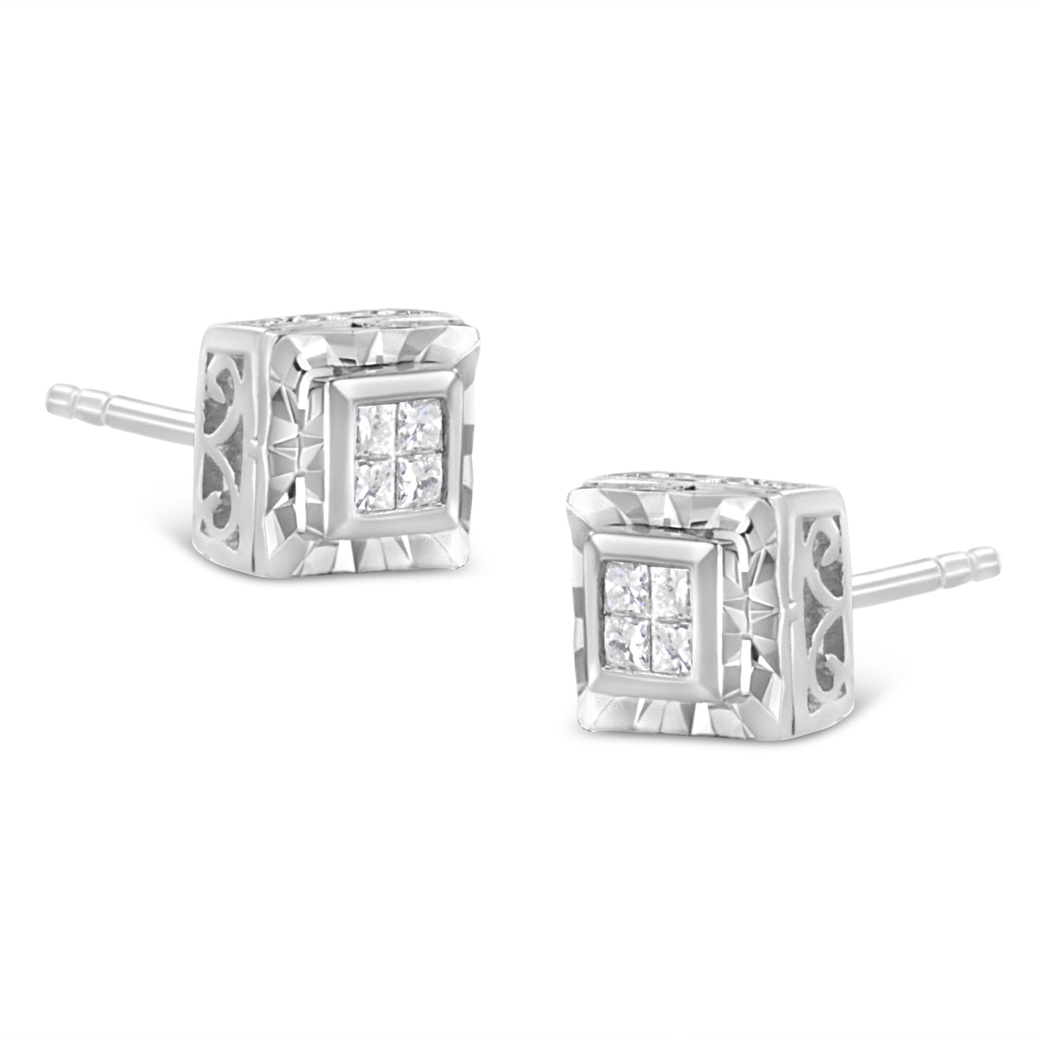 .925 Sterling Silver 1/6 Cttw Invisible Set Princess-Cut Diamond Quad Composite Stud Earrings (H-I Color, I1-I2 Clarity) by Bids.com