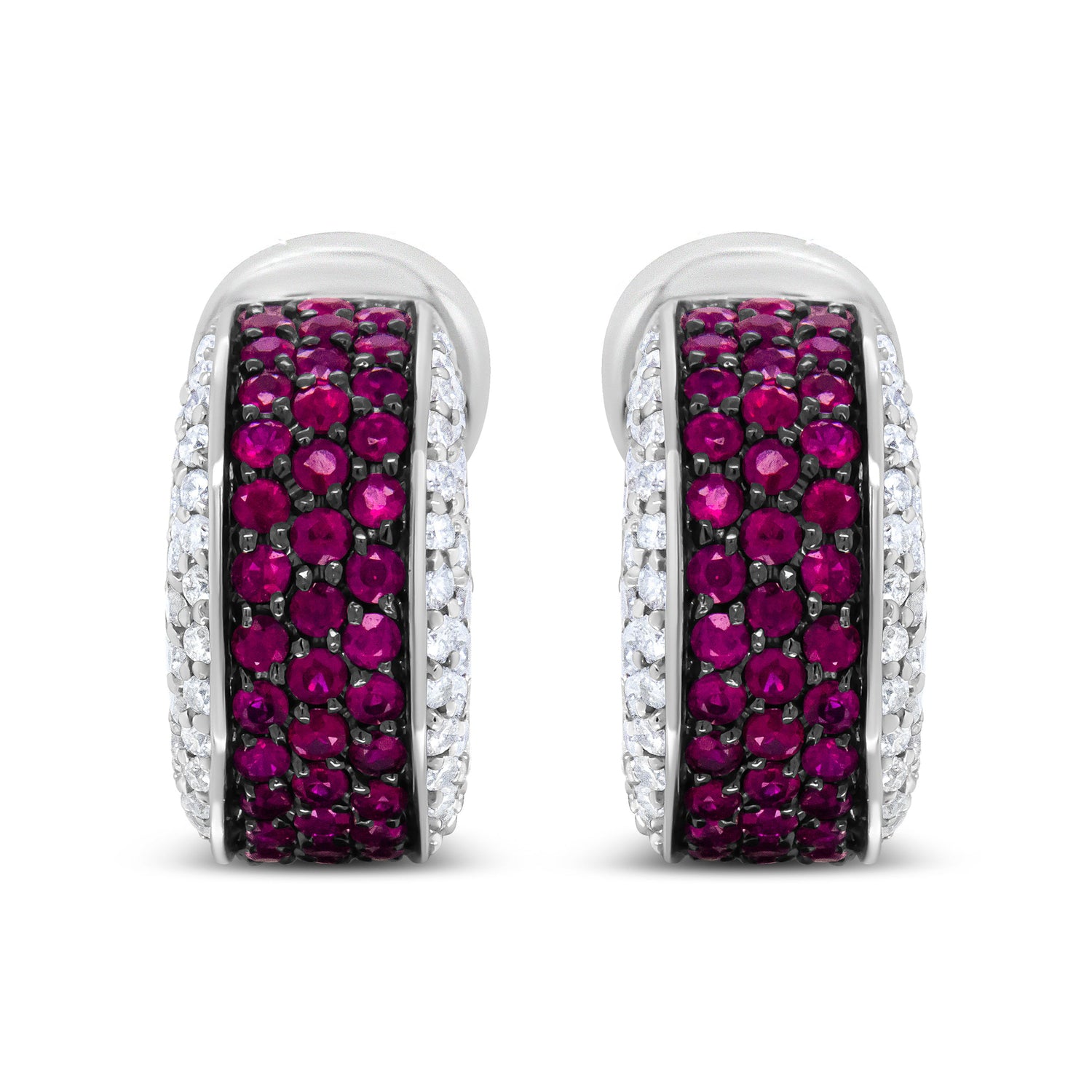 18K White Gold and Black Rhodium Plated 3/4 Cttw Round Diamonds and 1mm Round Red Ruby Huggie Hoop Earrings (F-G Color, VS1-VS2 Clarity) by Bids.com