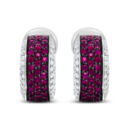 18K White Gold and Black Rhodium Plated 3/4 Cttw Round Diamonds and 1mm Round Red Ruby Huggie Hoop Earrings (F-G Color, VS1-VS2 Clarity) by Bids.com