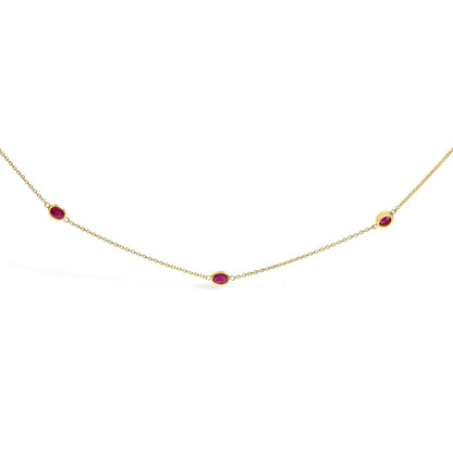 14K Yellow Gold Bezel Set 4x3 mm Oval Red Ruby Station Necklace - 18 Inches by Bids.com