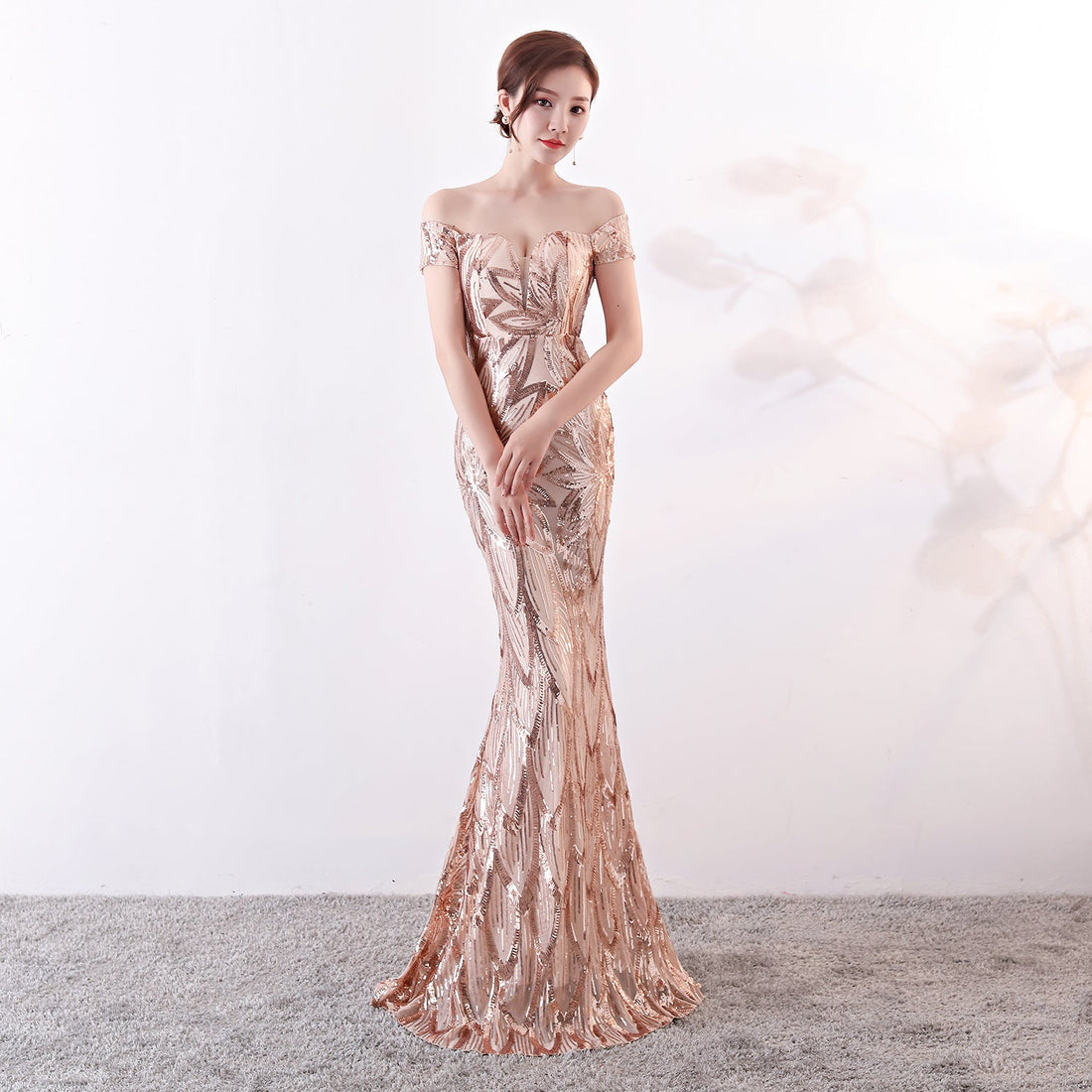 Off the Shoulder Gown Long Fish Tail Sequined Evening Dress Slim Fit Slimming Dress by Ragazza