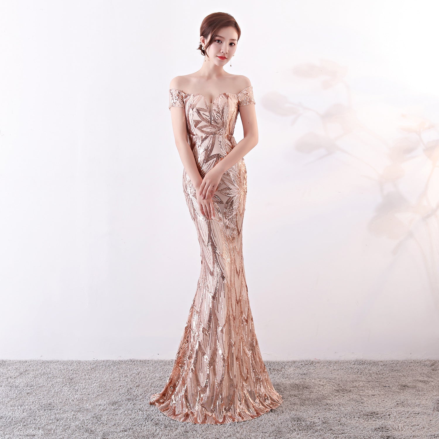 Off the Shoulder Gown Long Fish Tail Sequined Evening Dress Slim Fit Slimming Dress by Ragazza