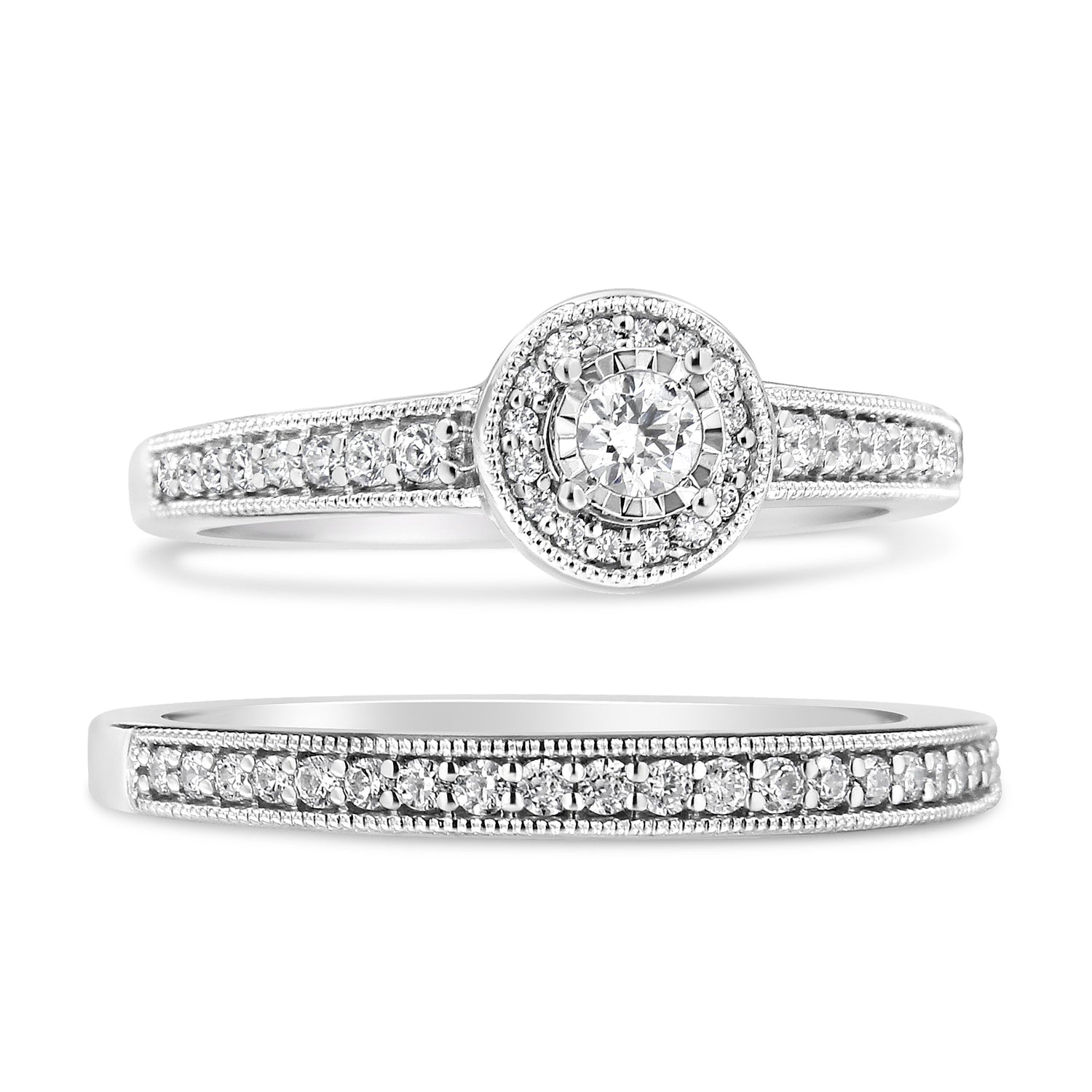 .925 Sterling Silver 1/2 Ctw Diamond Halo and Milgrain Engagement Ring Bridal Set (I-J Color, I3 Clarity) - Ring Size 7 by Bids.com