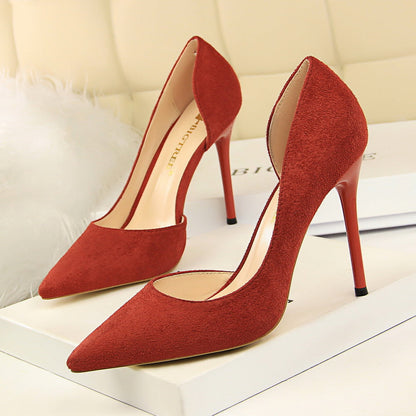 Simple Stiletto Heel Suede Shallow Mouth Pointed Toe Sexy Nightclubs Thinner Side Hollow Out Cutout Pumps  DestGlow