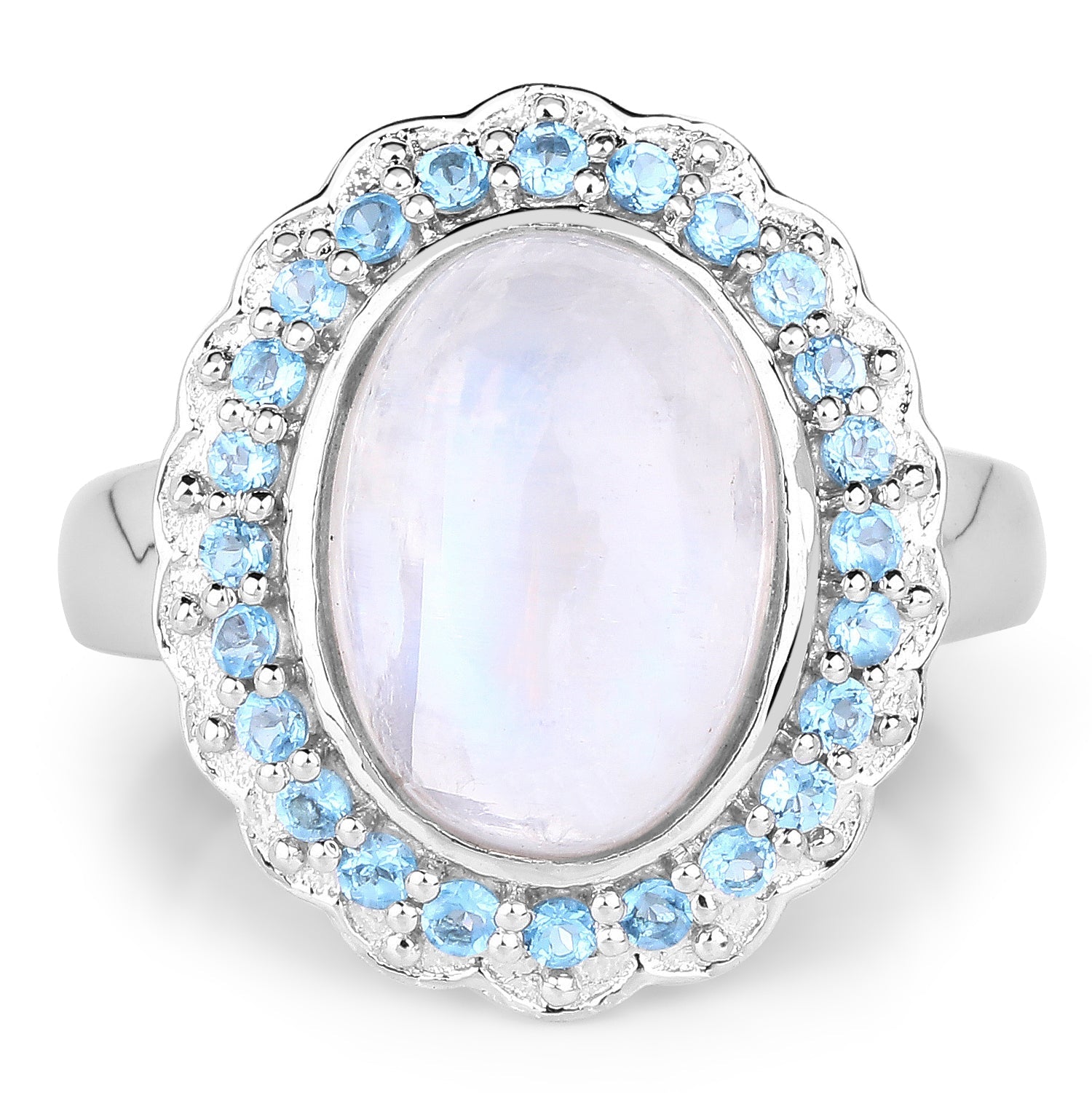 7.21 Carat Genuine White Rainbow Moonstone &amp; Swiss Blue Topaz .925 Sterling Silver Ring by Bids.com