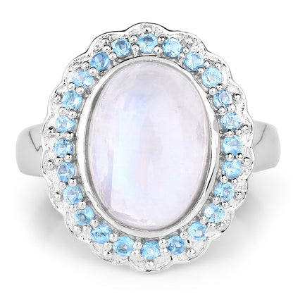 7.21 Carat Genuine White Rainbow Moonstone &amp; Swiss Blue Topaz .925 Sterling Silver Ring by Bids.com
