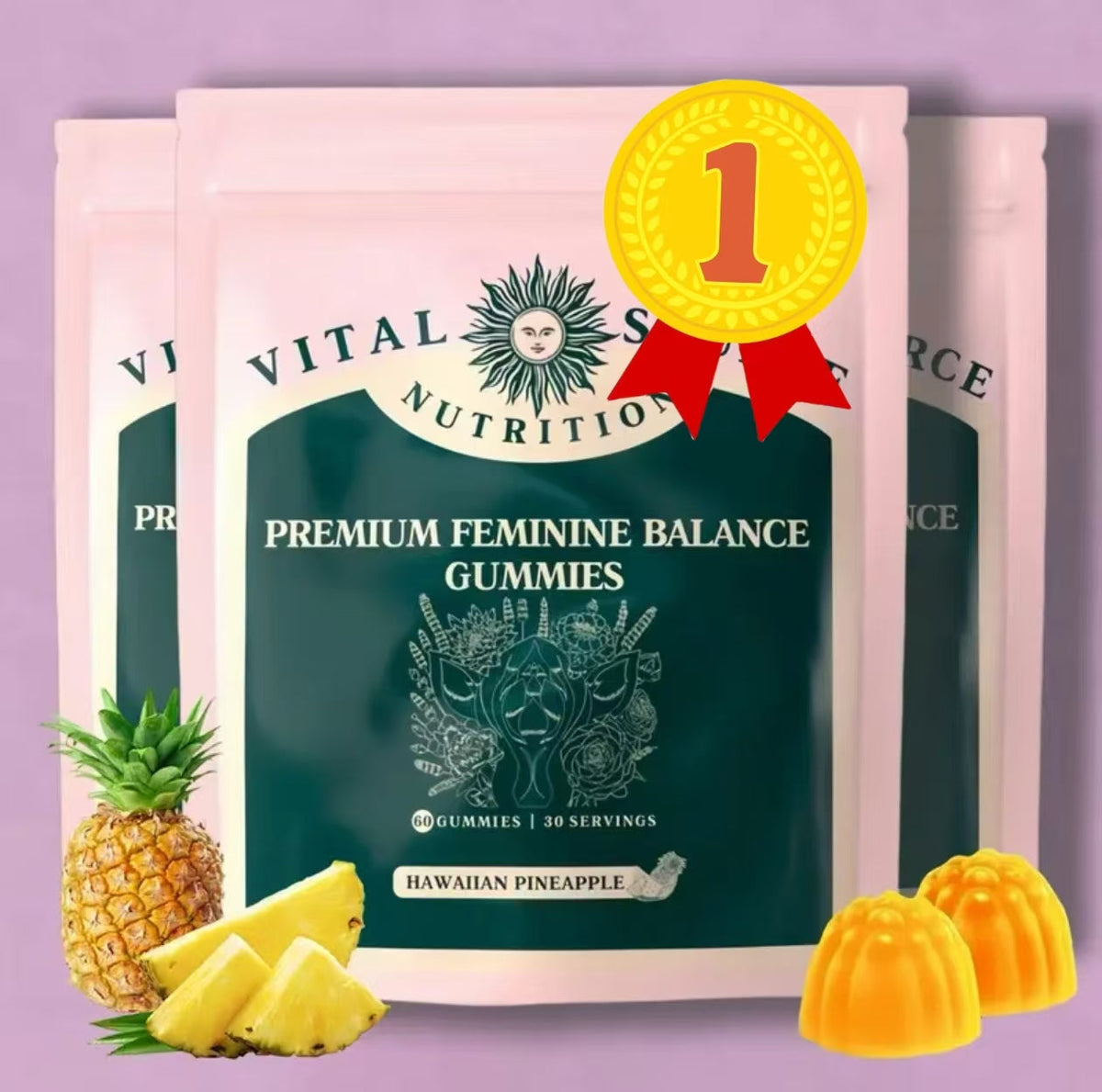 Vital Source Nutrition - Premium Feminine Balance Gummies - for Women’s Health &amp; Wellness - Immune Support - Vegan, Gluten-Free &amp; Halal - Hawaiian Pineapple - 60 Gummies - 30 Servings  DestGlow