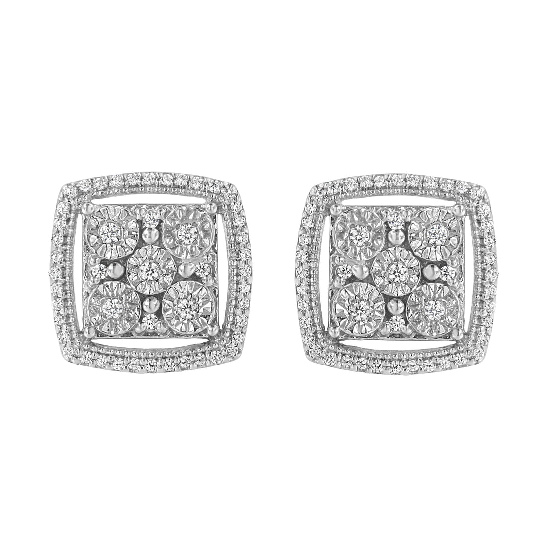 .925 Sterling Silver 3/8 Cttw Miracle Set Round Diamond Double Halo Cluster Earrings (I-J Color, I2-I3 Clarity) by Bids.com