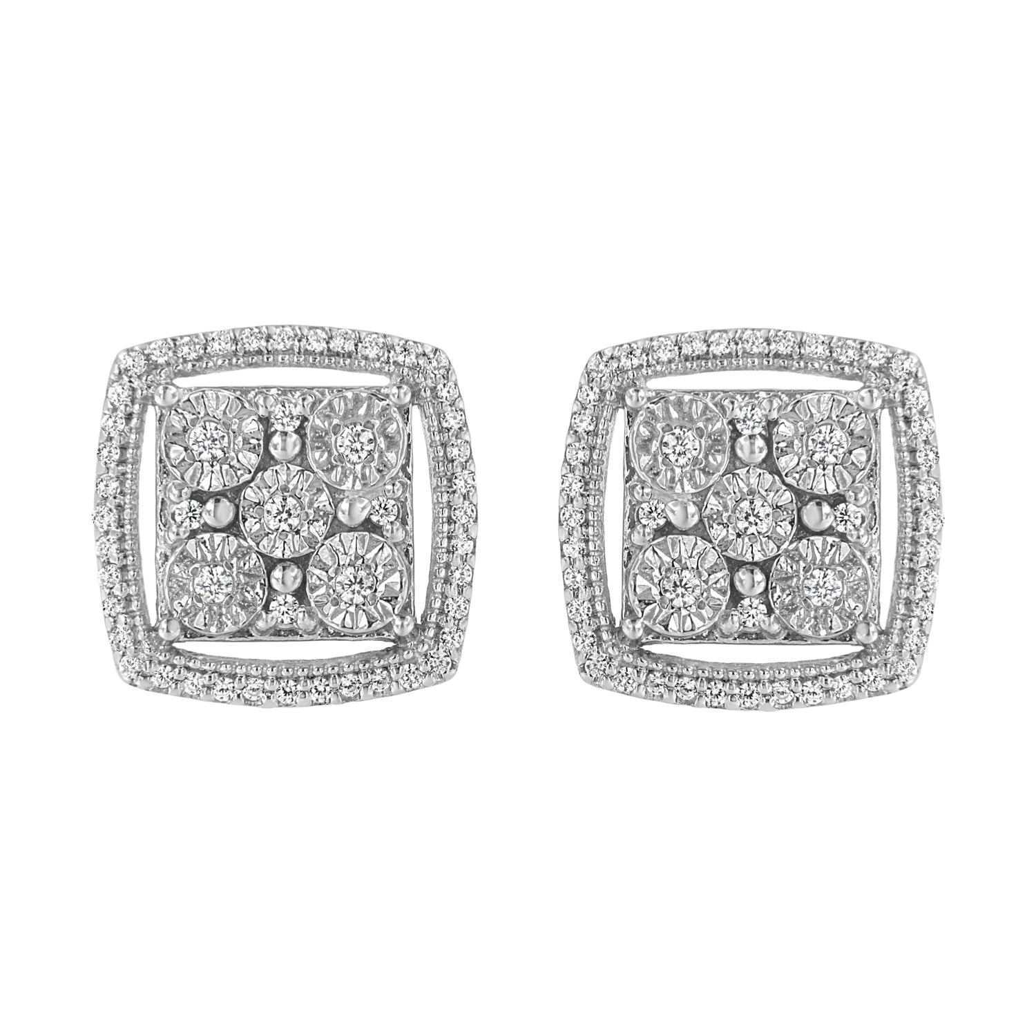.925 Sterling Silver 3/8 Cttw Miracle Set Round Diamond Double Halo Cluster Earrings (I-J Color, I2-I3 Clarity) by Bids.com