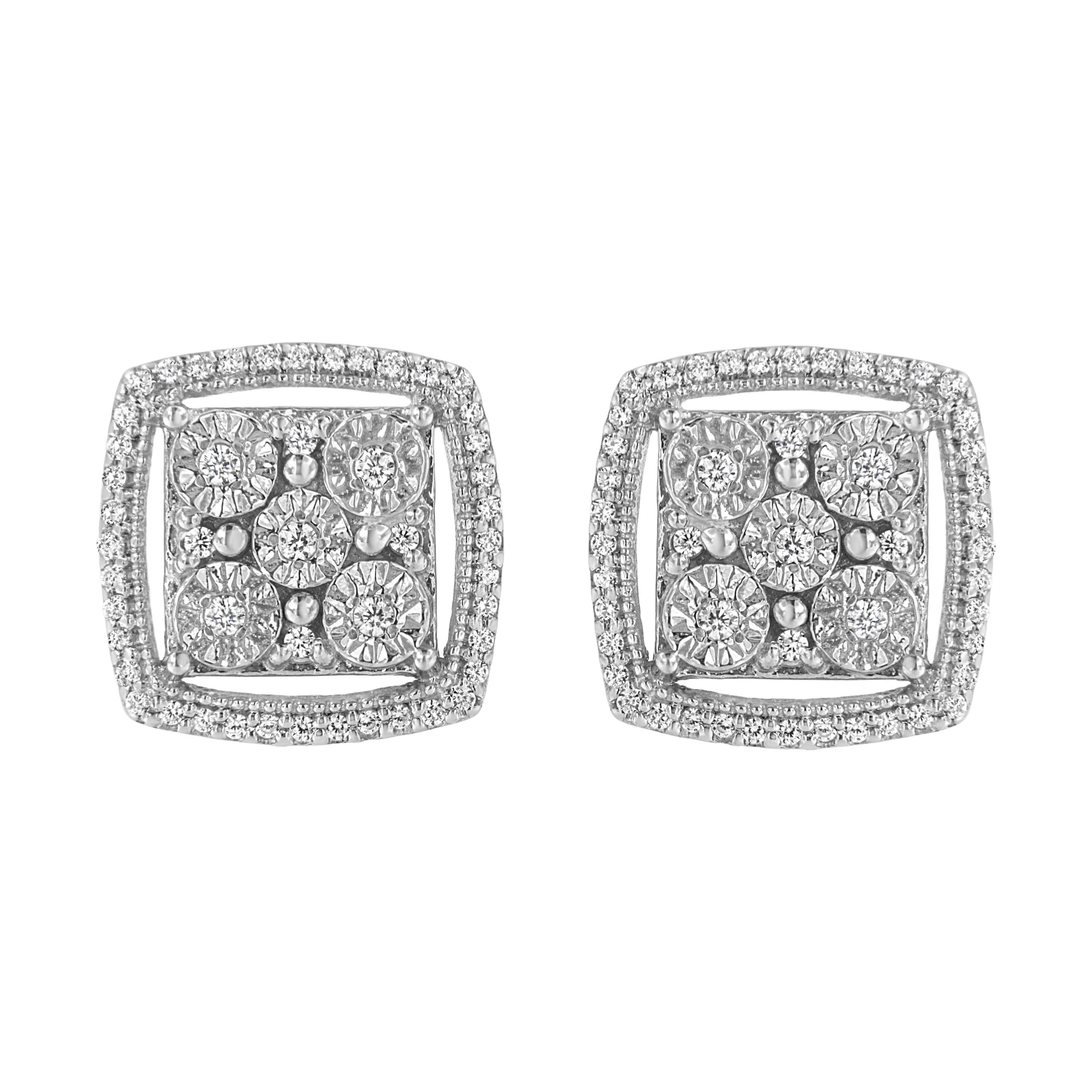 .925 Sterling Silver 3/8 Cttw Miracle Set Round Diamond Double Halo Cluster Earrings (I-J Color, I2-I3 Clarity) by Bids.com