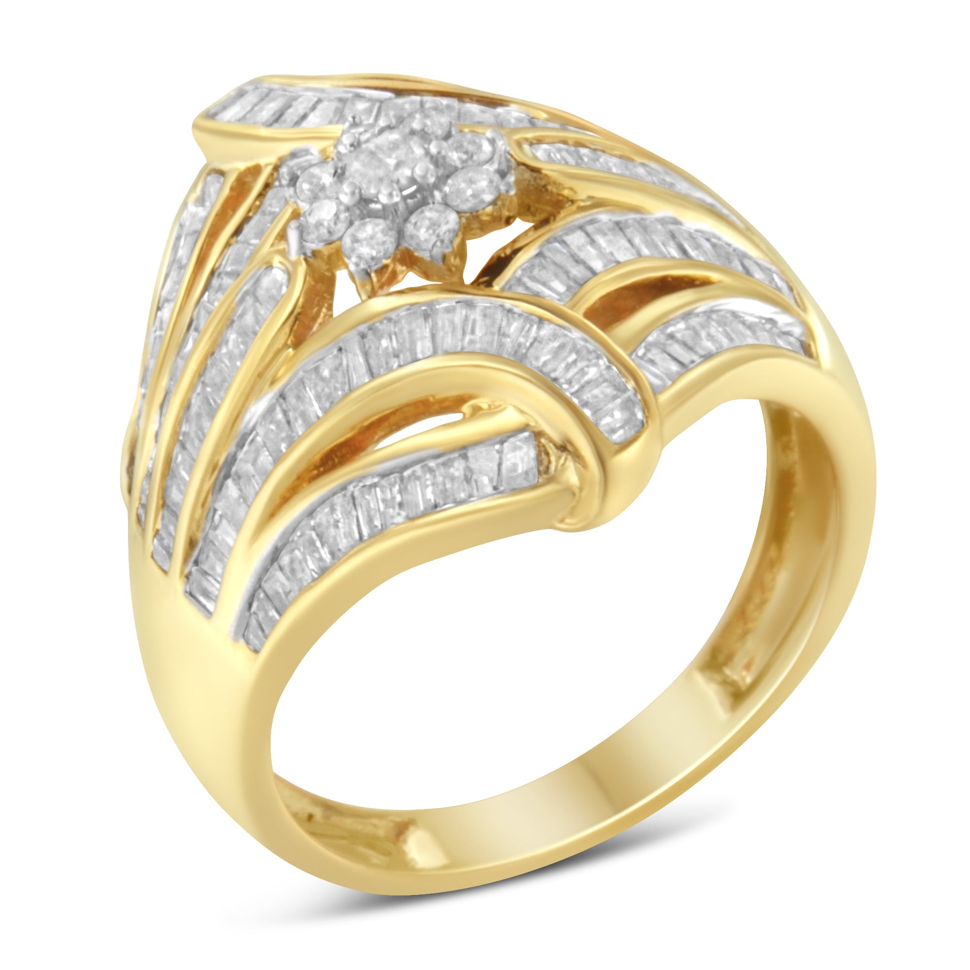 10K Yellow Gold Flashed .925 Sterling Silver 1-1/8 Cttw Round &amp; Baguette Diamond &