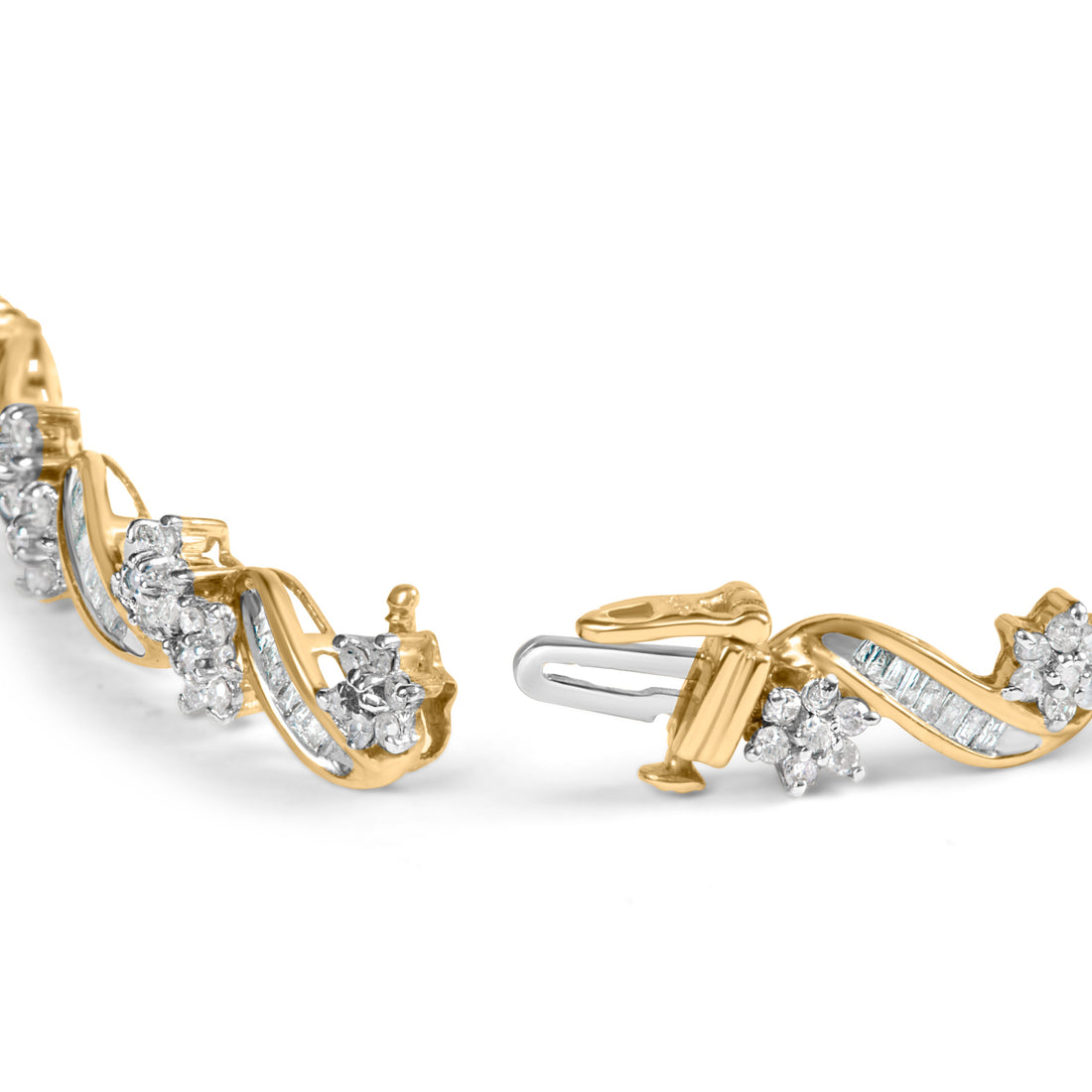 10k Yellow Gold 3.00 Cttw Round-Cut and Baguette-Cut Floral Link 7.25" Bracelet (I-J Color, I1-I2 Clarity) by Bids.com