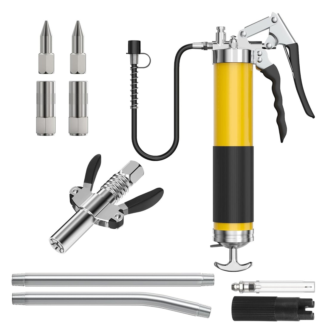 Grease Gun Kit Fit for 14 Oz Grease Tube 7000 PSI High Pressure Pistol Grip Grease Gun with Lock Coupler 11.8” Spring Flex Hose Jaw Couplers Sharp Noz 