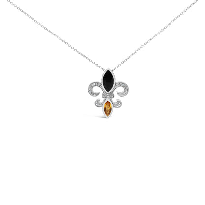 .925 Sterling Silver Marquise Onyx and Citrine and Diamond Accent Fleur De Lis Pendant Necklace (H-I Color, SI1-SI2 Clarity) - 18" by Bids.com