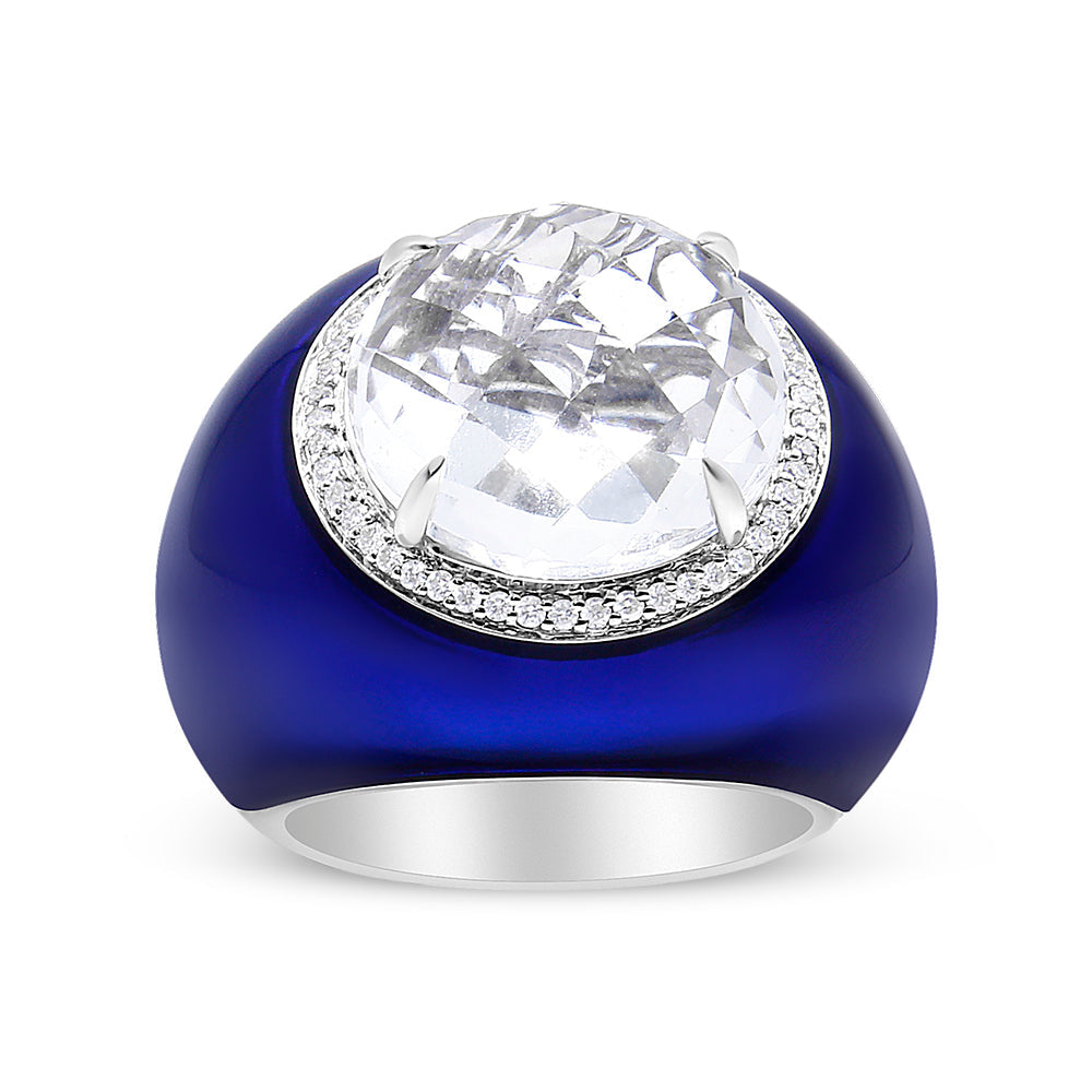 18K White Gold 14mm White Quartz and 1/5 Cttw Diamond Halo with Blue Enamel Dome Ring (F-G Color, VS1-VS2 Clarity) - Ring Size 7 by Bids.com