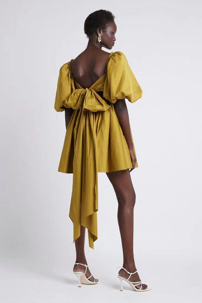 Spring Women Clothing French Retro Mustard Super Long Lace-up Puff Sleeve Short Sleeve Dress by Ragazza