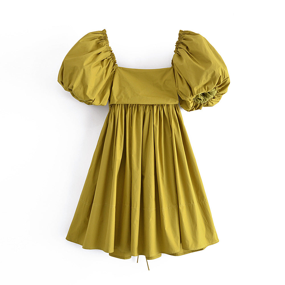 Spring Women Clothing French Retro Mustard Super Long Lace-up Puff Sleeve Short Sleeve Dress by Ragazza