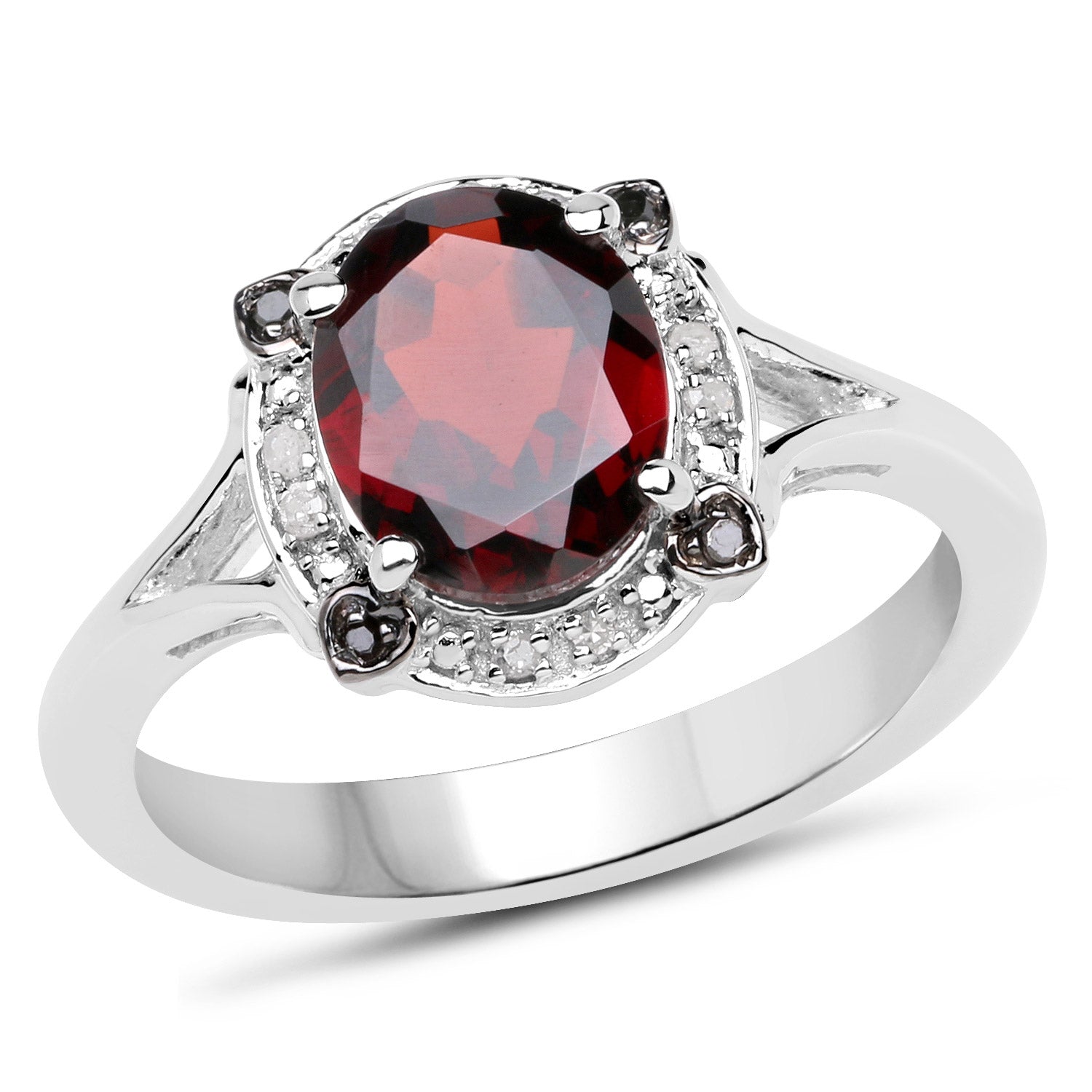 2.05 Carat Genuine Garnet, White Diamond and Black Diamond .925 Sterling Silver Ring  DestGlow