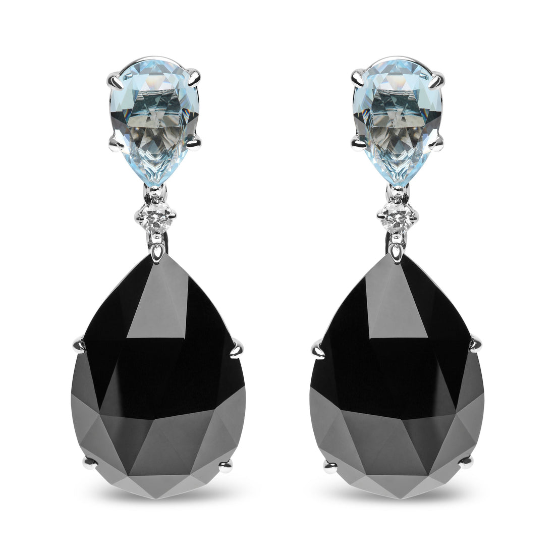 18K White Gold 1/5 Cttw Diamond with Pear Cut Sky Blue Topaz and Pear-Cut Black Onyx Gemstone Dangle Earring (G-H Color, SI1-SI2 Clarity) - DestGlow