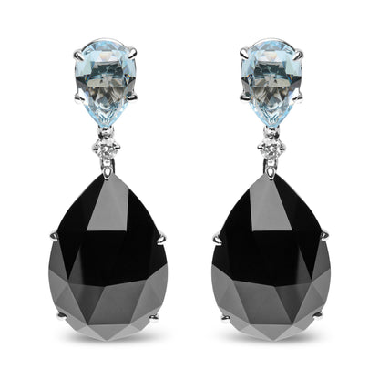 18K White Gold 1/5 Cttw Diamond with Pear Cut Sky Blue Topaz and Pear-Cut Black Onyx Gemstone Dangle Earring (G-H Color, SI1-SI2 Clarity) - DestGlow