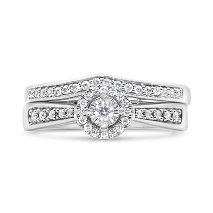 .925 Sterling Silver 1/3 Cttw Diamond Halo and Pave Shank Engagement Ring Set (I-J Color, I3 Clarity) - Ring Size 7 by Bids.com