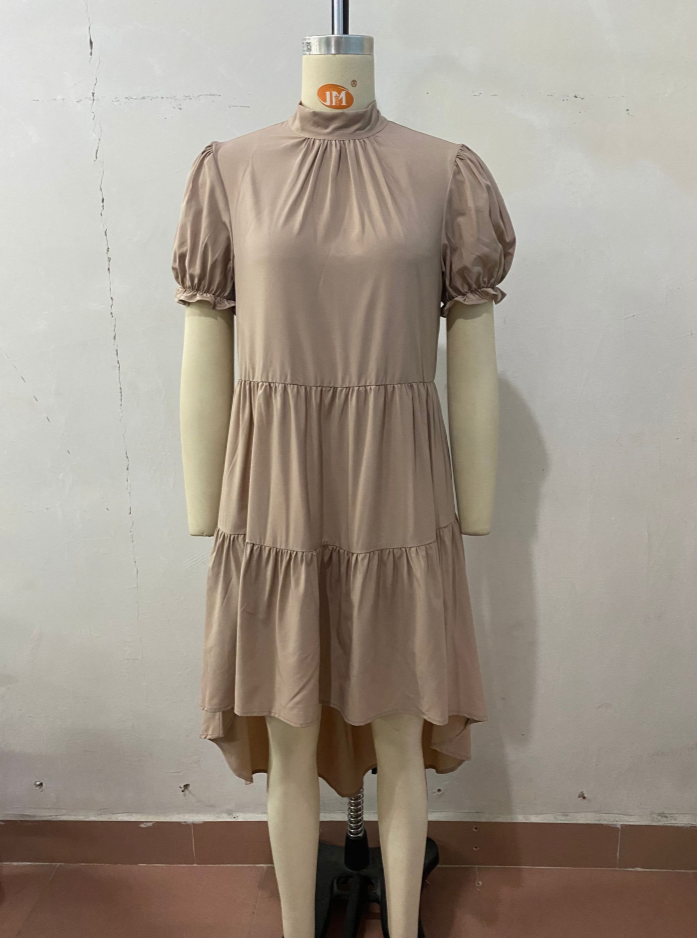 High Waist Solid Color Irregular Asymmetric Loose Pleated Dress Casual Babydoll Dress by Ragazza