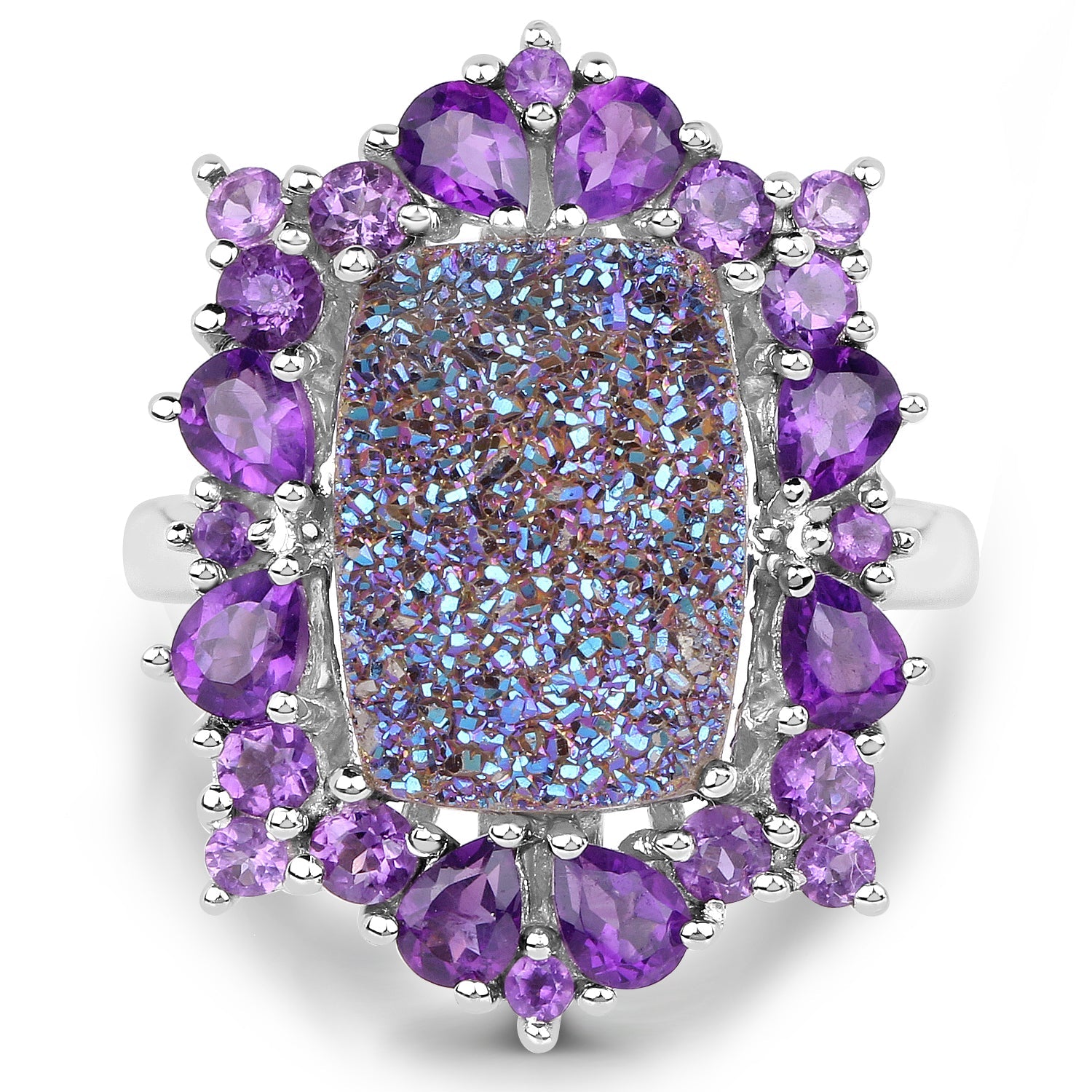 5.97 Carat Genuine Drusy Quartz and Amethyst .925 Sterling Silver Ring by Bids.com