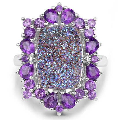 5.97 Carat Genuine Drusy Quartz and Amethyst .925 Sterling Silver Ring by Bids.com