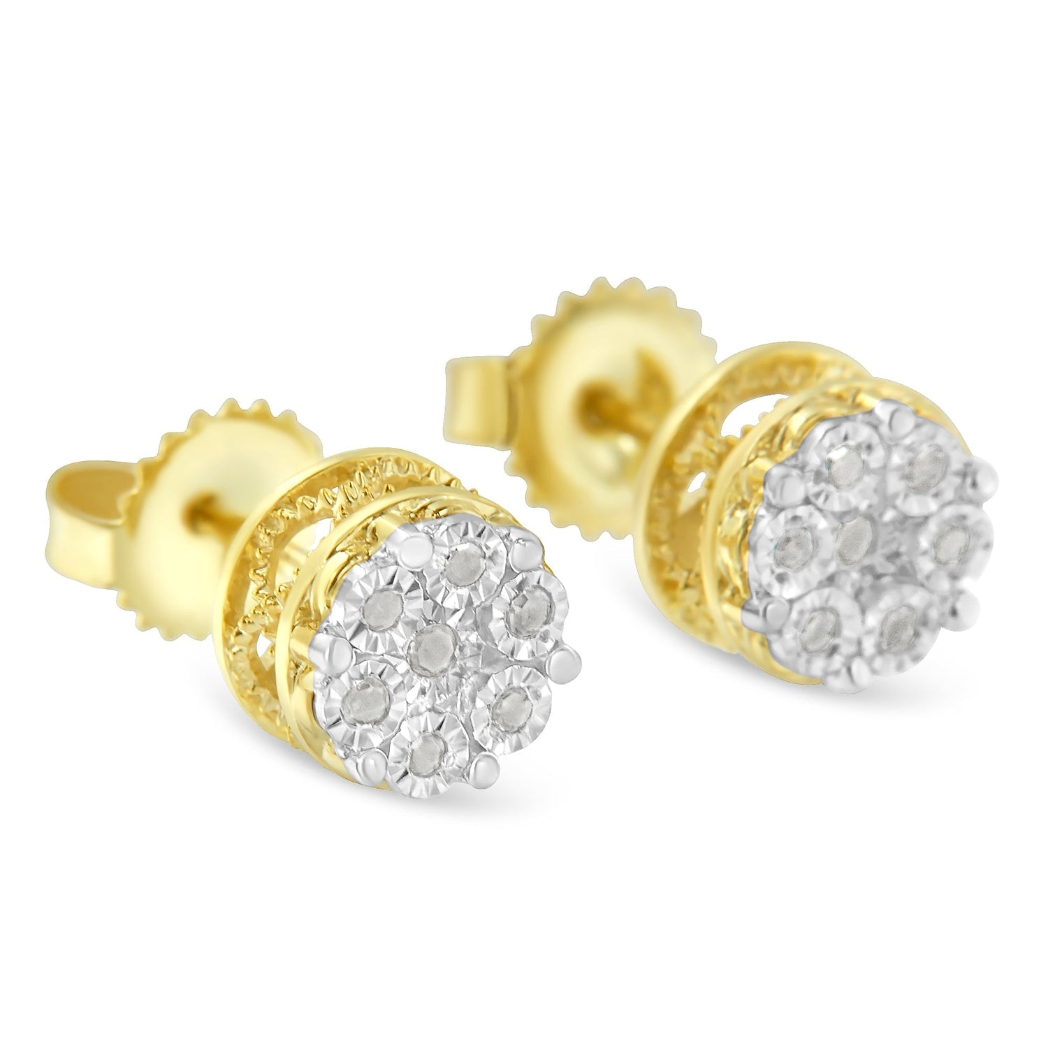 10K Yellow Gold over .925 Sterling Silver 1/7 Cttw Rose-Cut Miracle-Set Diamond Floral Cluster Button Stud Earrings (I-J Color, I3 Clarity)  DestGlow