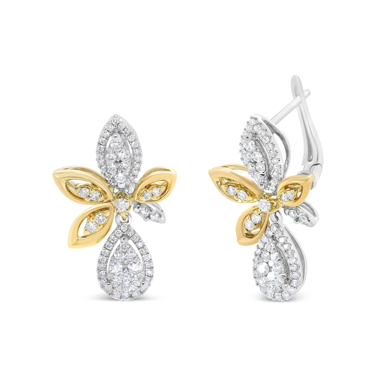 14K White and Yellow Gold 1.00 Cttw Round Pave-Set Diamond Teardrop and Marquise Shape Drop Dangle Earrings (H-I Color, SI1-SI2 Clarity)  DestGlow