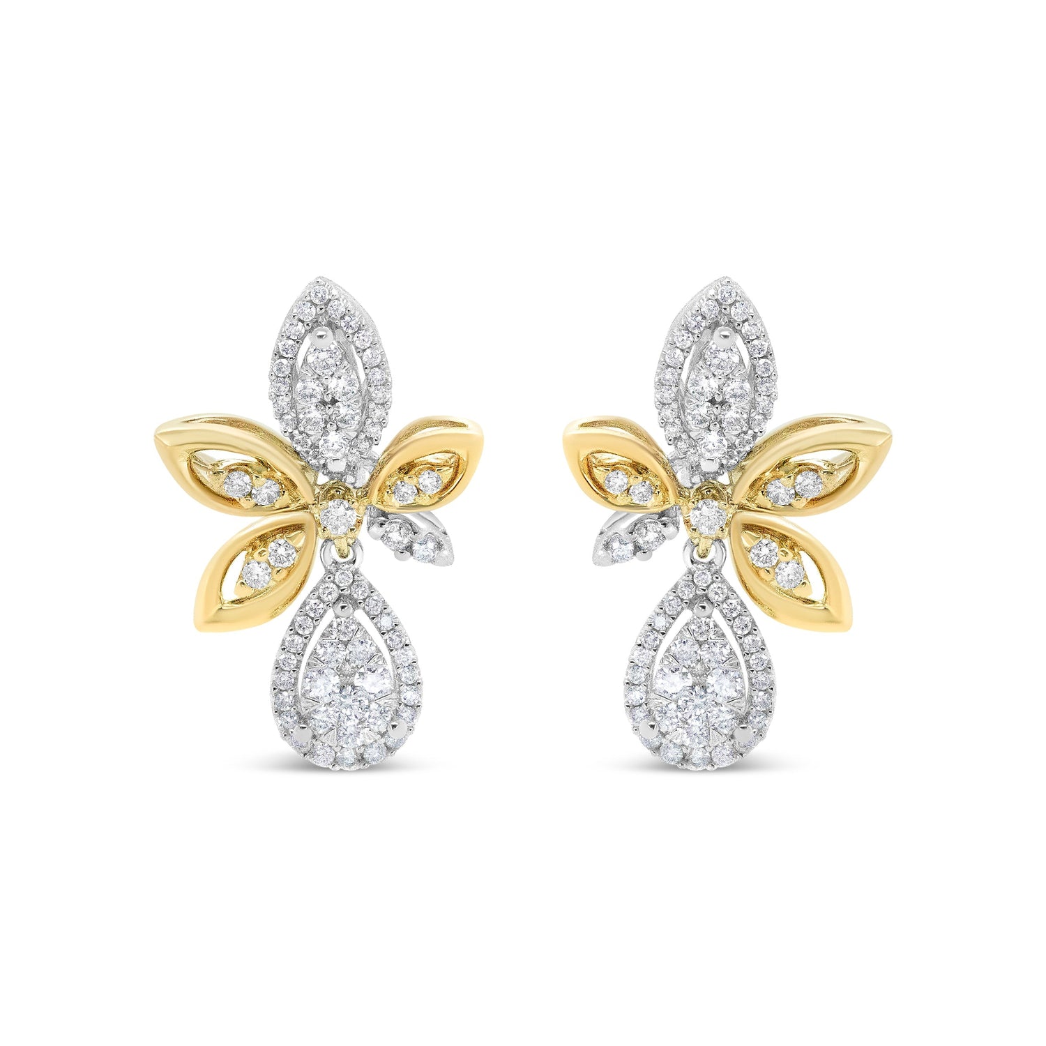 14K White and Yellow Gold 1.00 Cttw Round Pave-Set Diamond Teardrop and Marquise Shape Drop Dangle Earrings (H-I Color, SI1-SI2 Clarity)  DestGlow