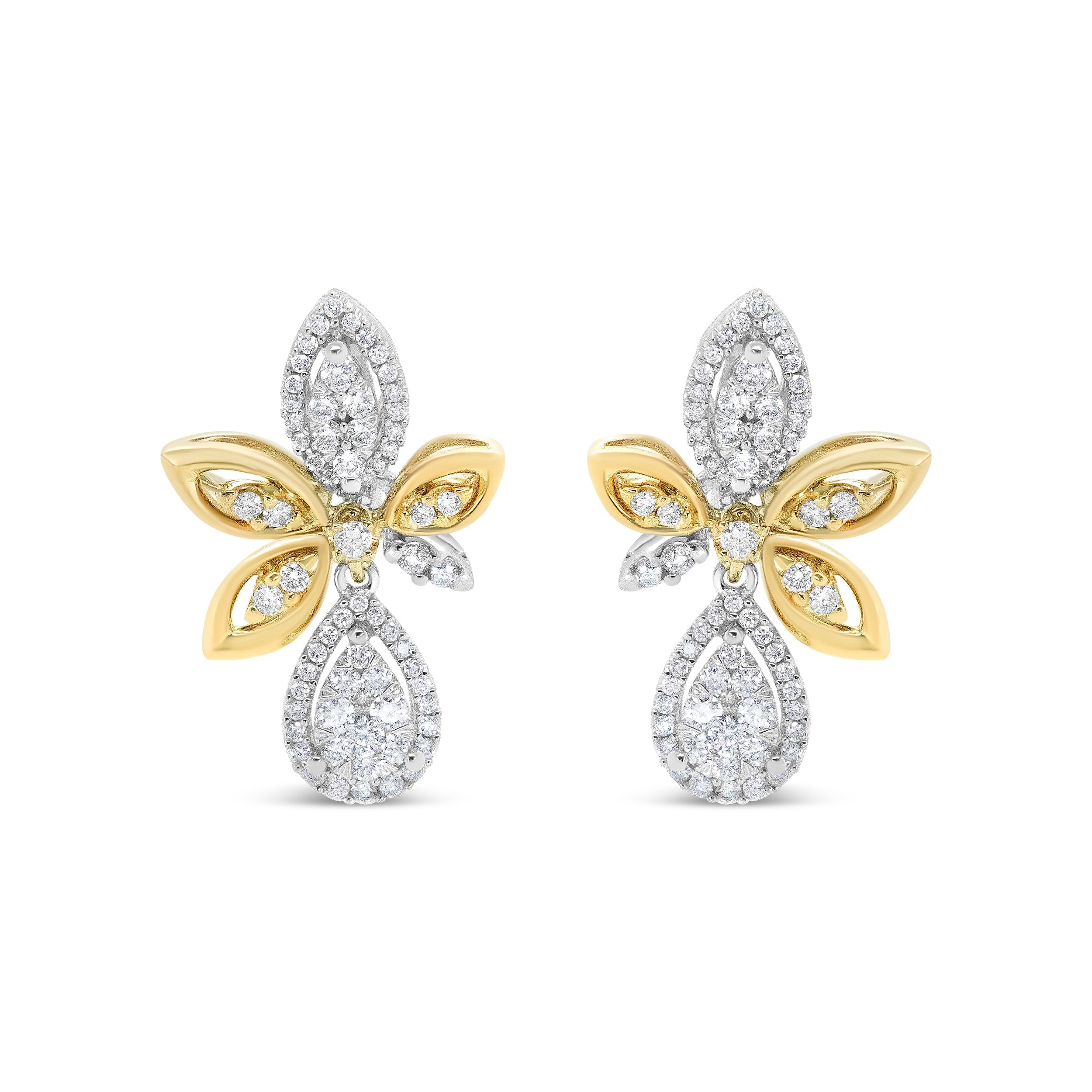 14K White and Yellow Gold 1.00 Cttw Round Pave-Set Diamond Teardrop and Marquise Shape Drop Dangle Earrings (H-I Color, SI1-SI2 Clarity)  DestGlow