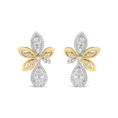 14K White and Yellow Gold 1.00 Cttw Round Pave-Set Diamond Teardrop and Marquise Shape Drop Dangle Earrings (H-I Color, SI1-SI2 Clarity)  DestGlow