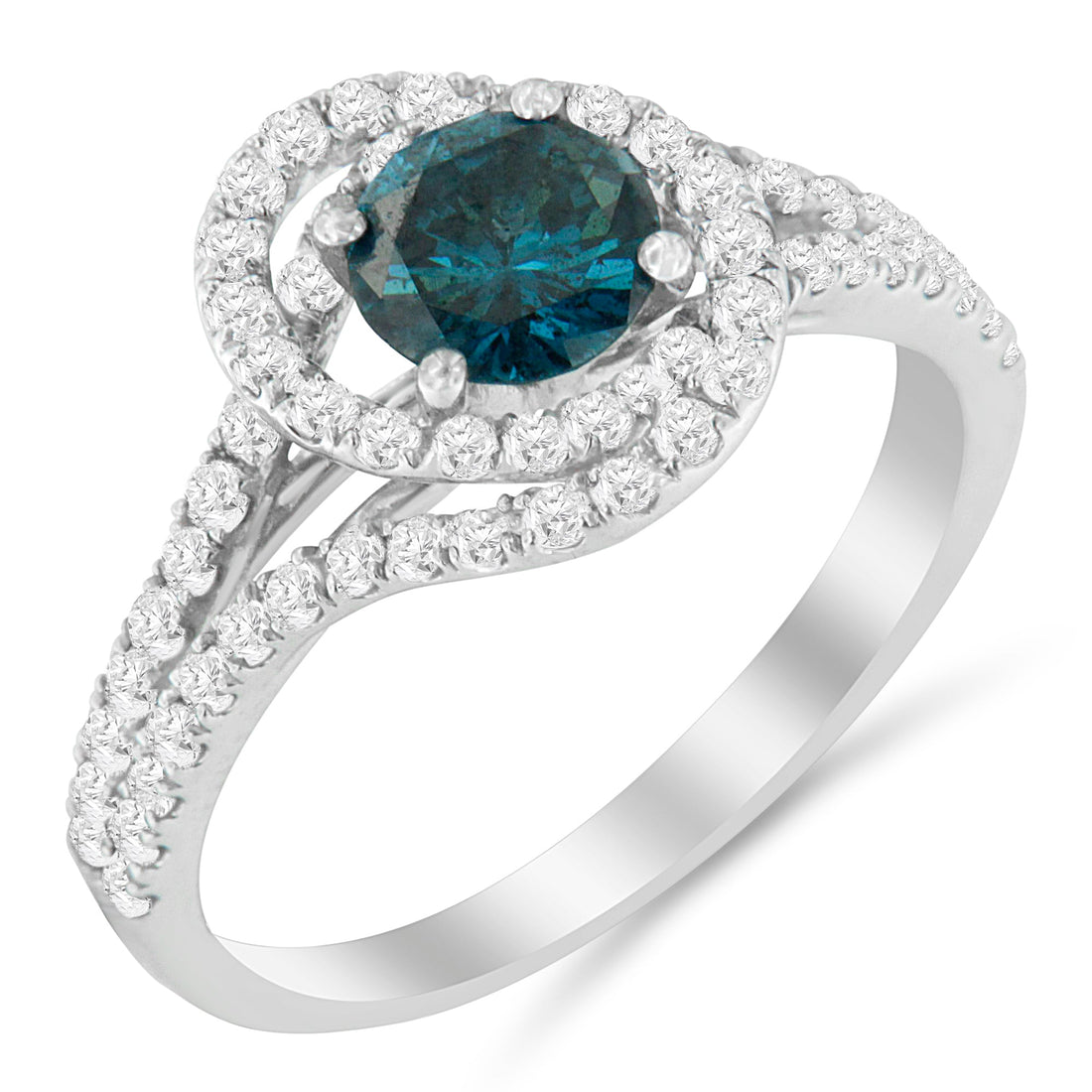 14K White Gold 1-1/3 Cttw White &amp; Blue Diamond Interweaving Double Halo Cocktail Statement Ring (G-H and Fancy Blue Color, SI2-I1 Clarity) - Size 6 by Bids.com