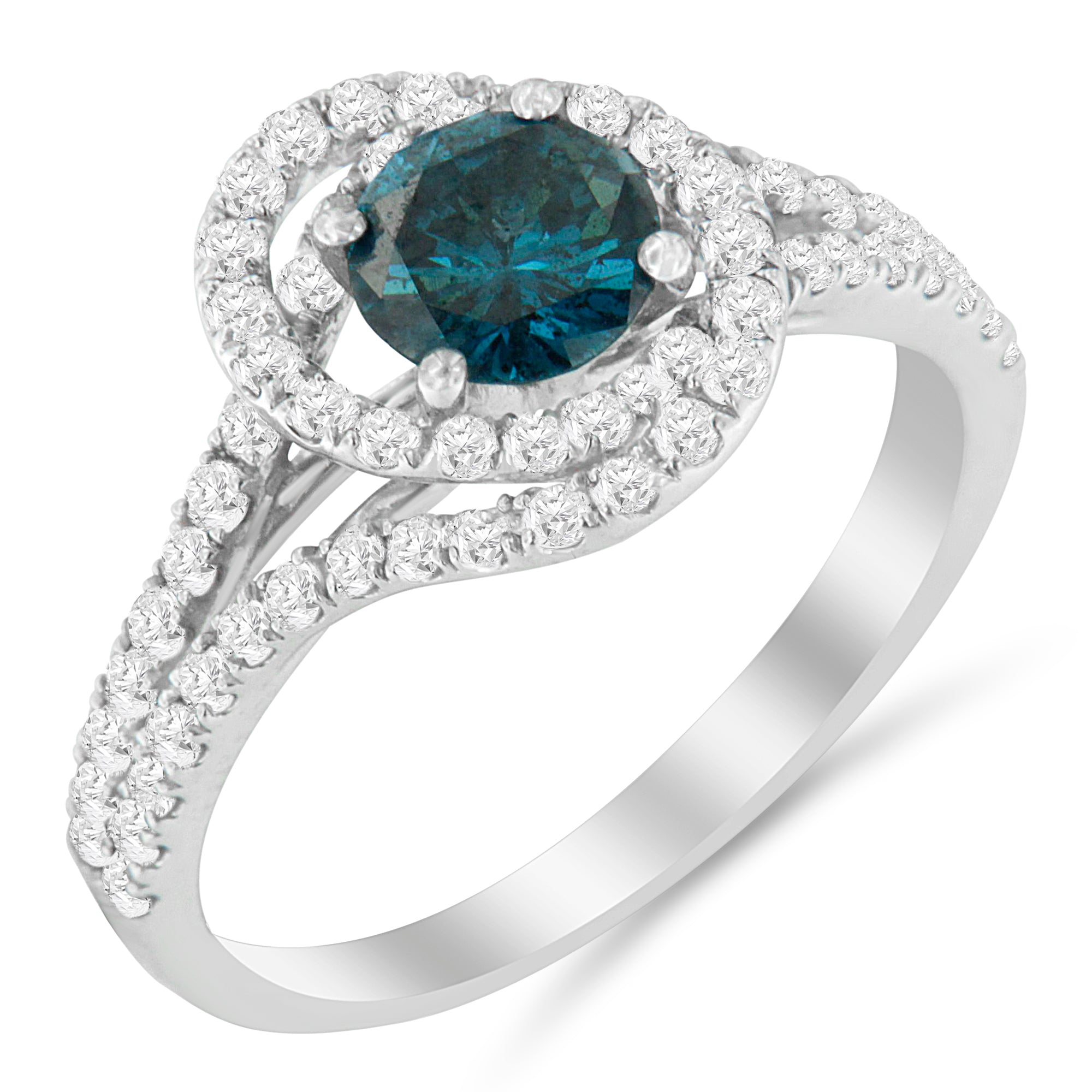 14K White Gold 1-1/3 Cttw White &amp; Blue Diamond Interweaving Double Halo Cocktail Statement Ring (G-H and Fancy Blue Color, SI2-I1 Clarity) - Size 6 by Bids.com