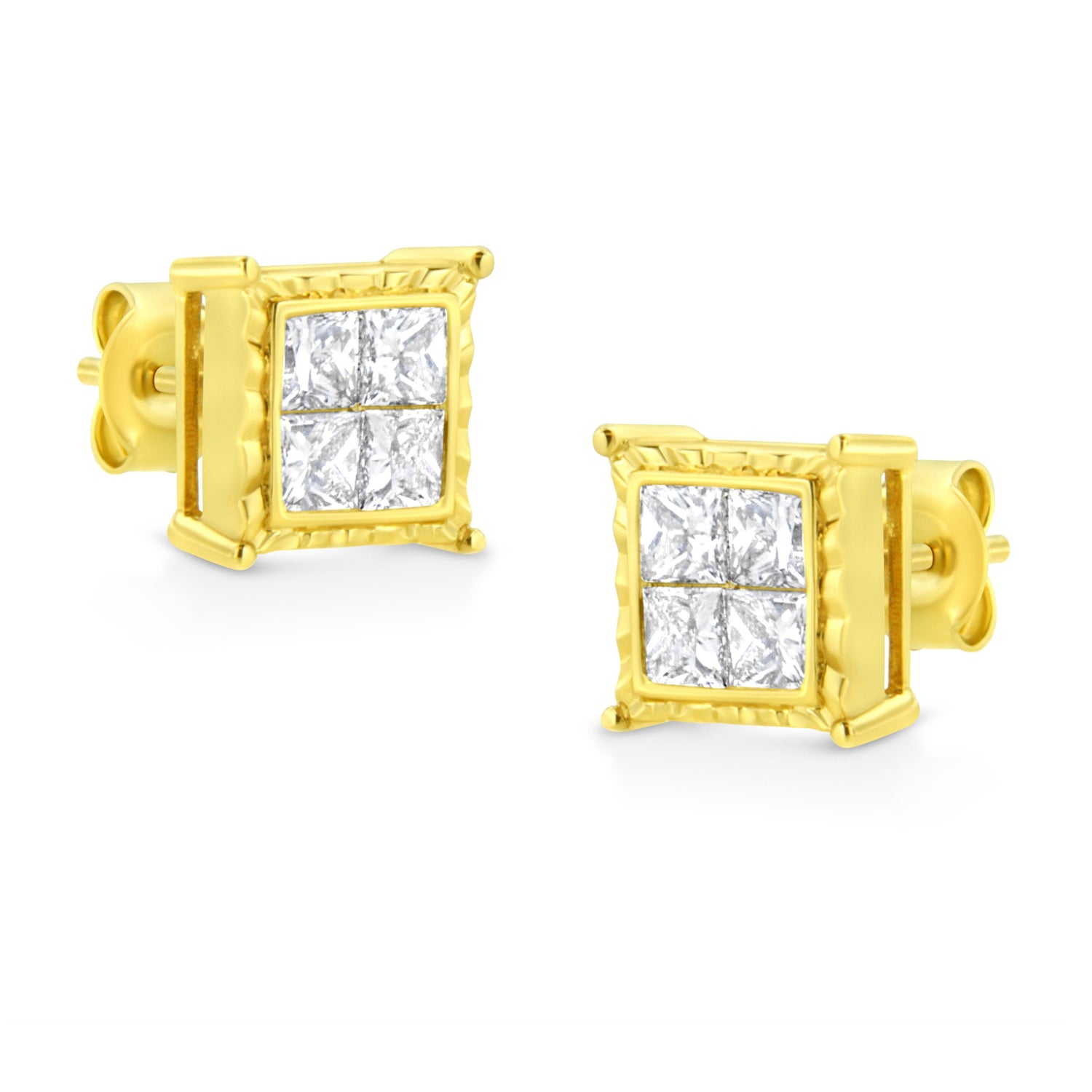 14K Yellow Gold 1.0 Cttw Invisible Set Princess-Cut Diamond Composite 8 Stone Stud Earrings (I-J Color, SI1-SI2 Clarity) by Bids.com