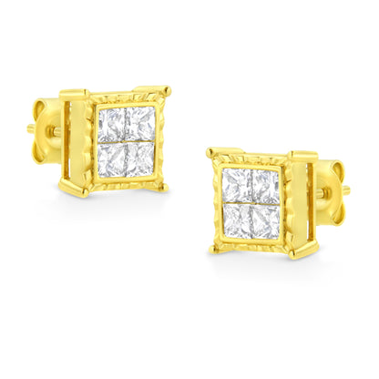 14K Yellow Gold 1.0 Cttw Invisible Set Princess-Cut Diamond Composite 8 Stone Stud Earrings (I-J Color, SI1-SI2 Clarity) by Bids.com