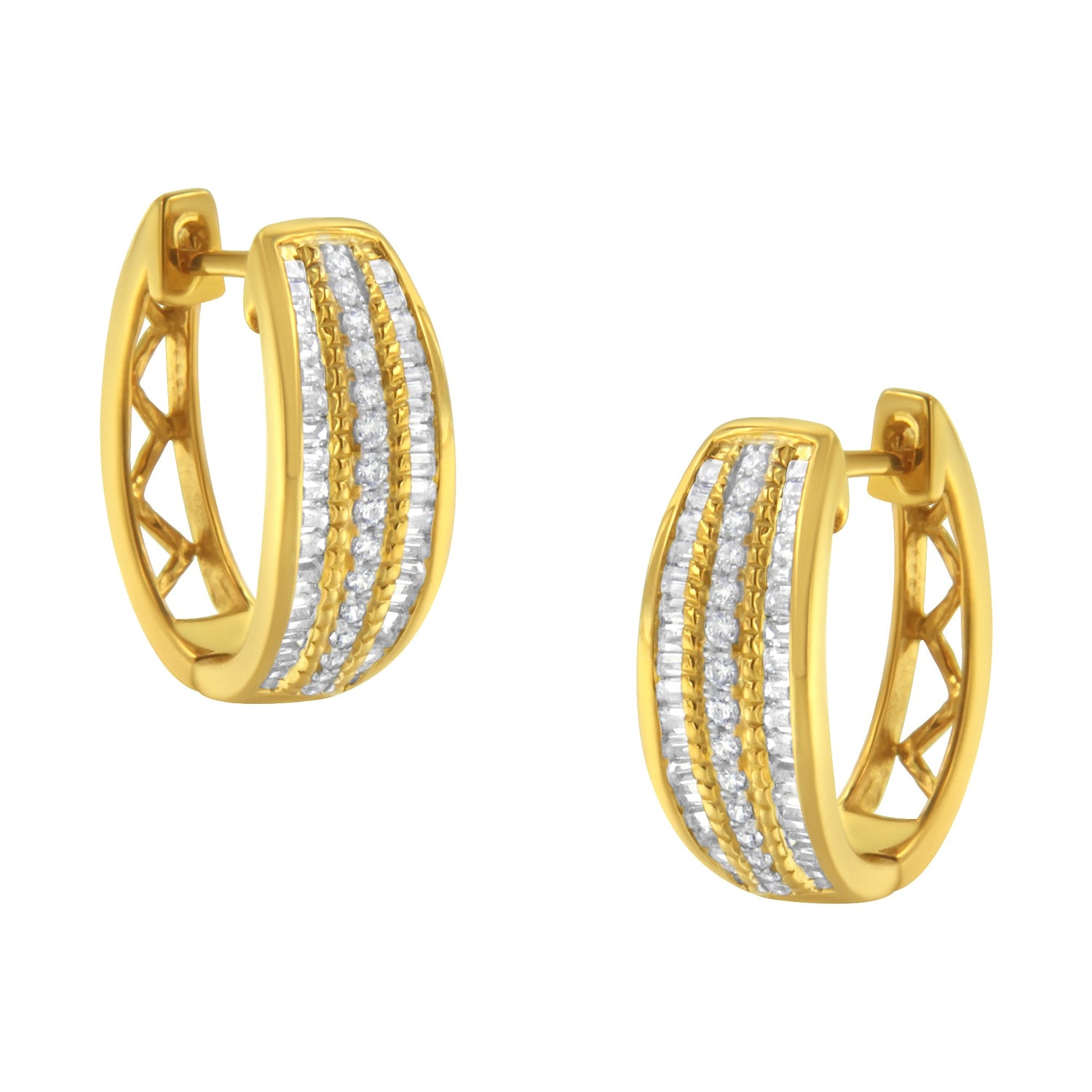 10K Yellow Gold 3/4 Cttw Pave and Channel Set Diamond Triple Row Modern Hoop Earrings (I-J Color, I2-I3 Clarity) by Bids.com