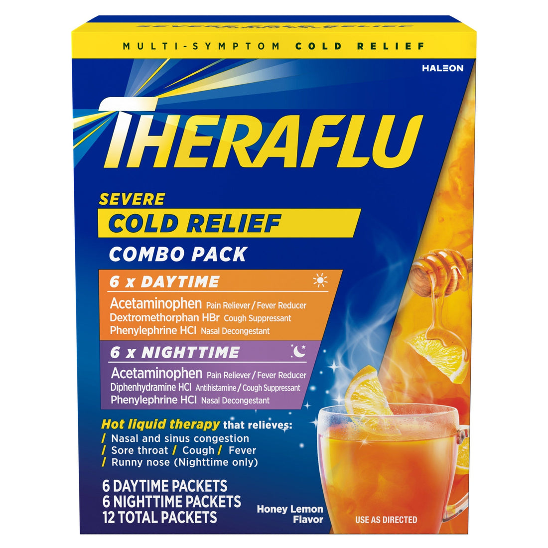 Theraflu Cold Relief, Severe, Combo Pack, Packets, Honey Lemon Flavor 