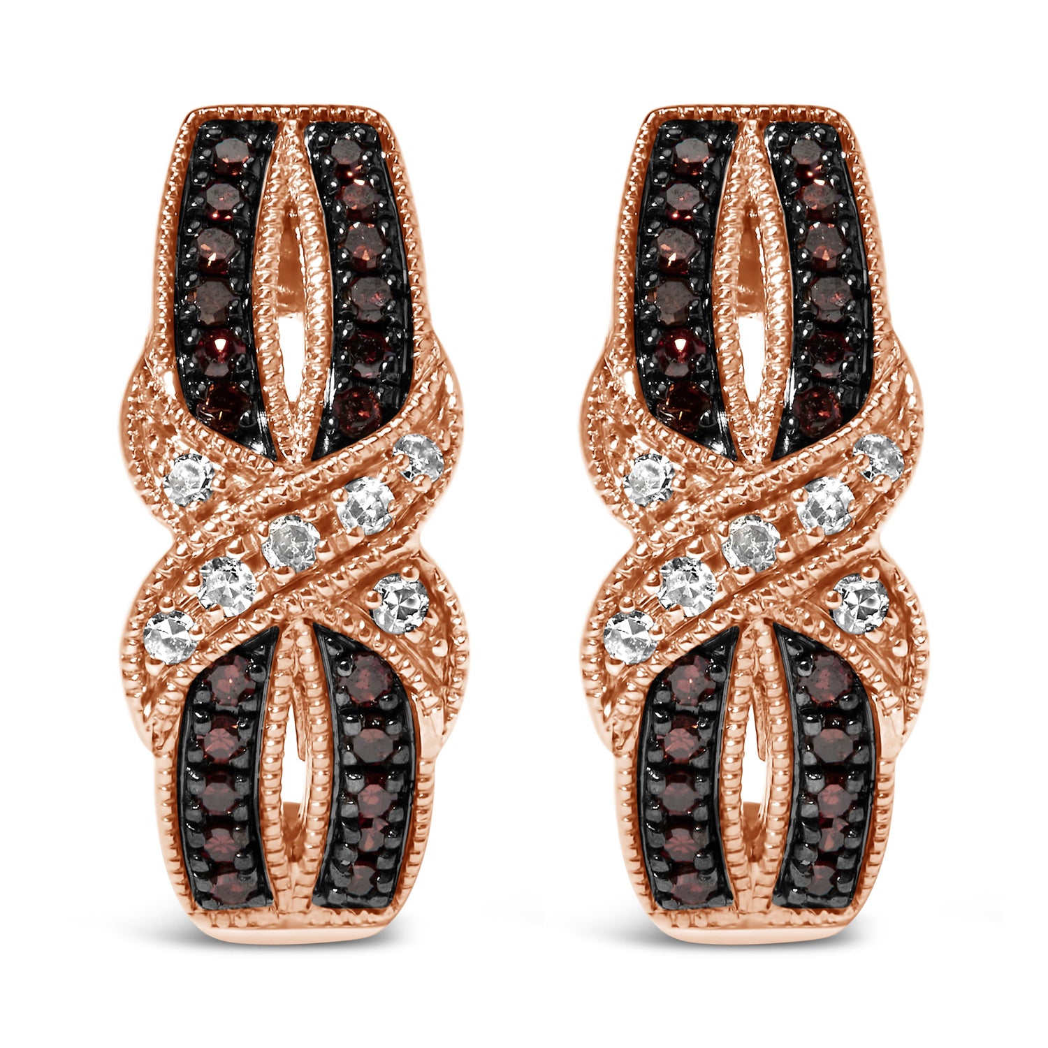 10K Rose Gold 1/3 Cttw White and Brown Diamond Milgrain Criss Cross J-Hoop Earrings (I-J Color, I1-I2 Clarity) by Bids.com