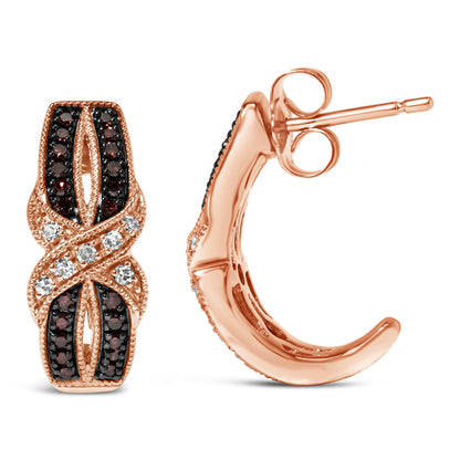 10K Rose Gold 1/3 Cttw White and Brown Diamond Milgrain Criss Cross J-Hoop Earrings (I-J Color, I1-I2 Clarity) by Bids.com