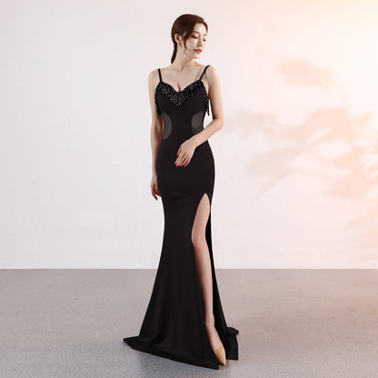 Sling Deep V Plunge Evening Party Dress Long Sexy Slim Fit Slit Nightclub Performance Socialite Evening Dress by Ragazza